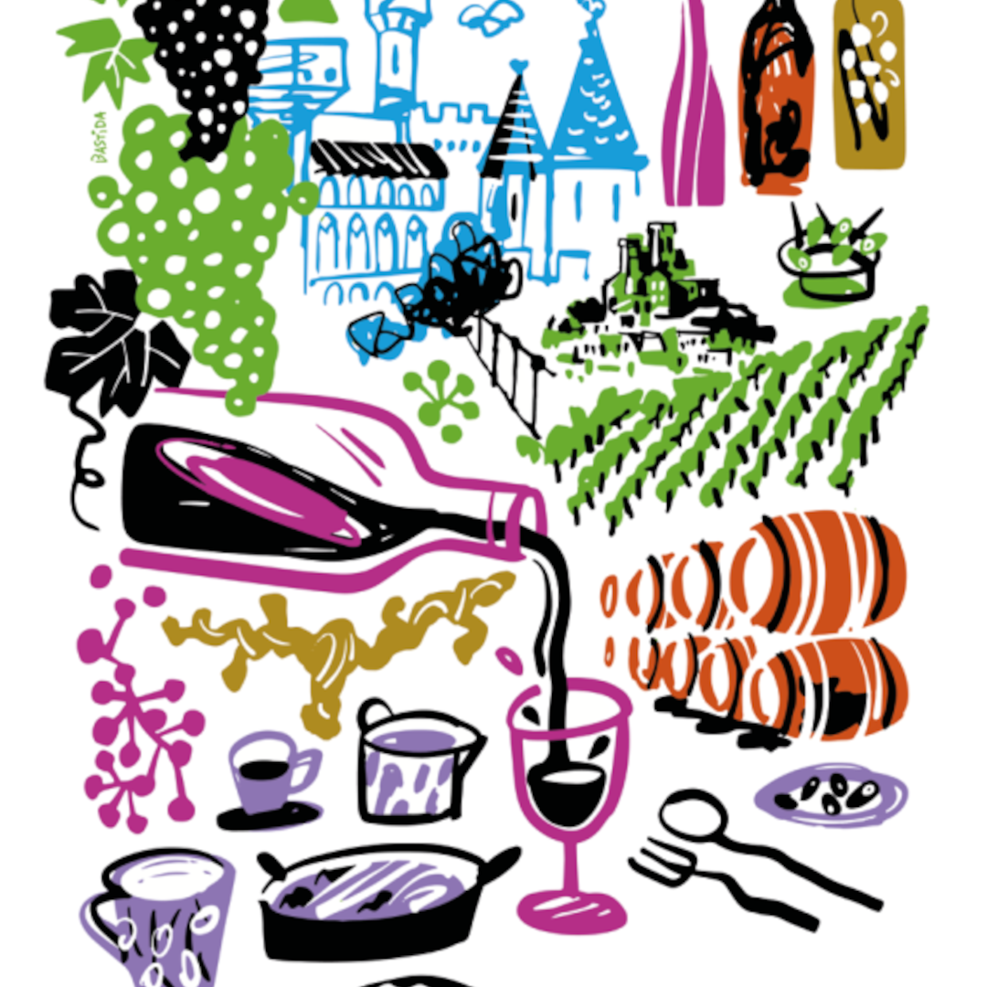 Dibujo de la portada de la guía, con una botella de vino y elementos turísticos de Navarra